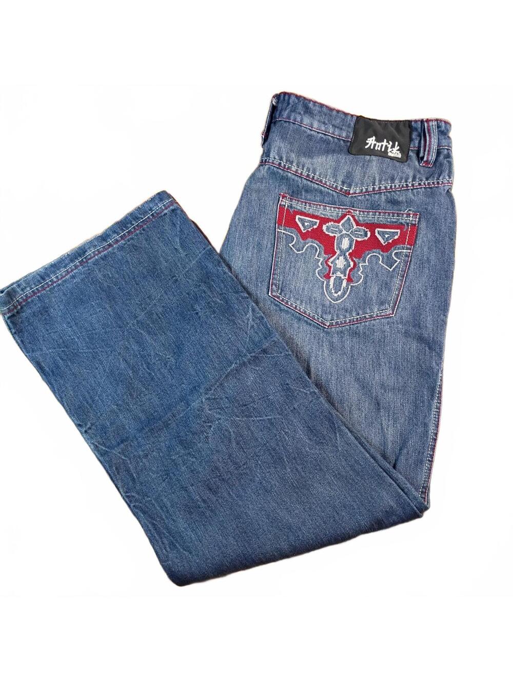 Antik Men Denim Blue Embroidered Pocket Jeans